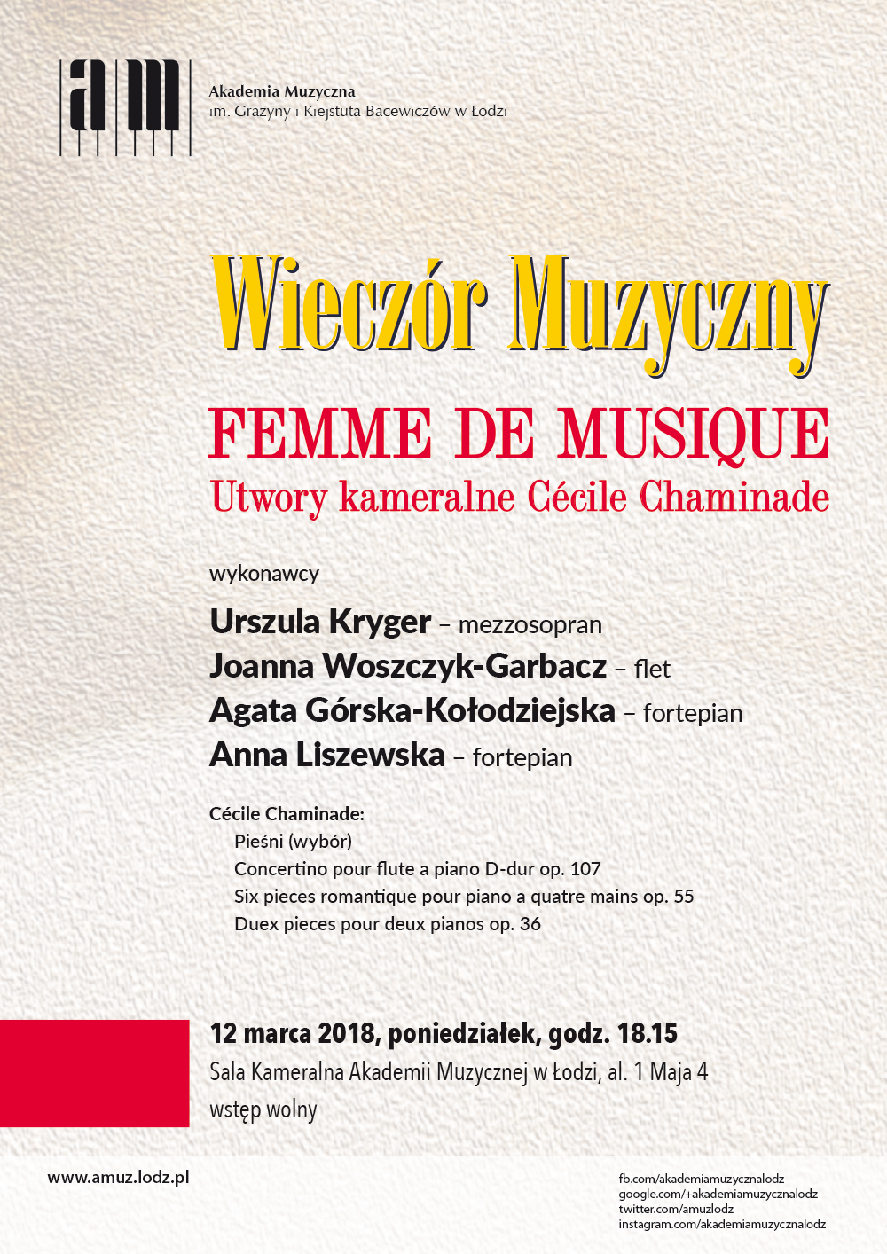 Wieczór muzyczny  FEMME DE MUSIQUE. UTWORY KAMERALNE CÉCILE CHAMINADE