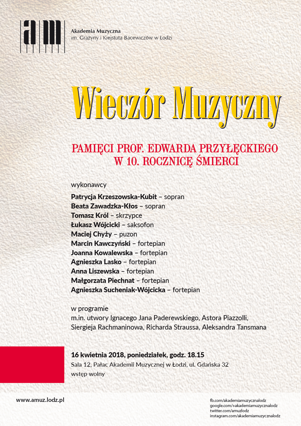 Wieczór muzyczny PAMIĘCI PROF. EDWARDA PRZYŁĘCKIEGO W 10. ROCZNICĘ ŚMIERCI