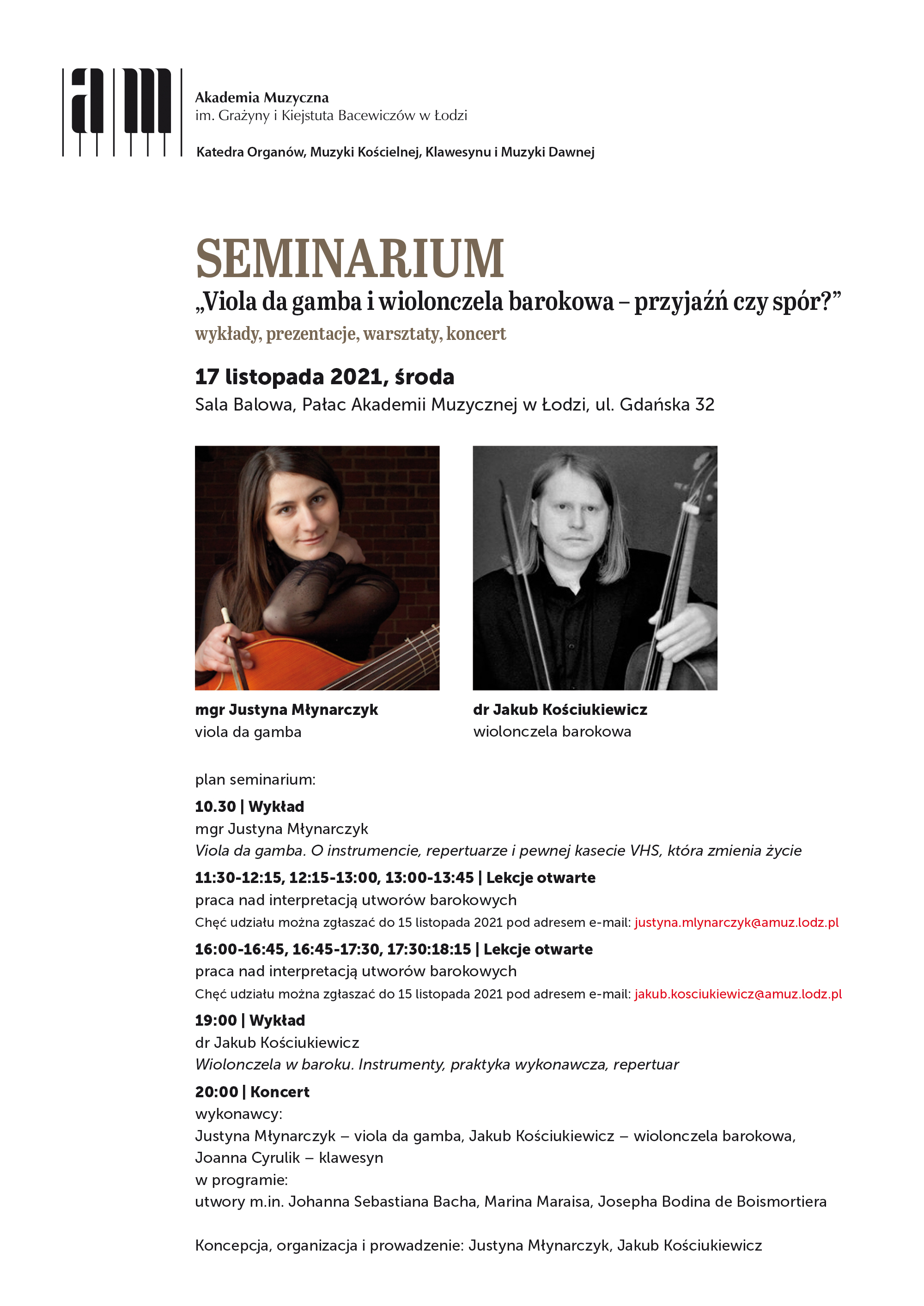 SEMINARIUM Viola da gamba i wiolonczela barokowa – przyjaźń czy spór?