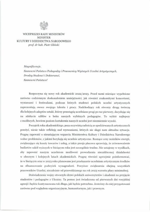 List prof. dr. hab. Piotra Glińskiego, Ministra Kultury i Dziedzictwa Narodowego